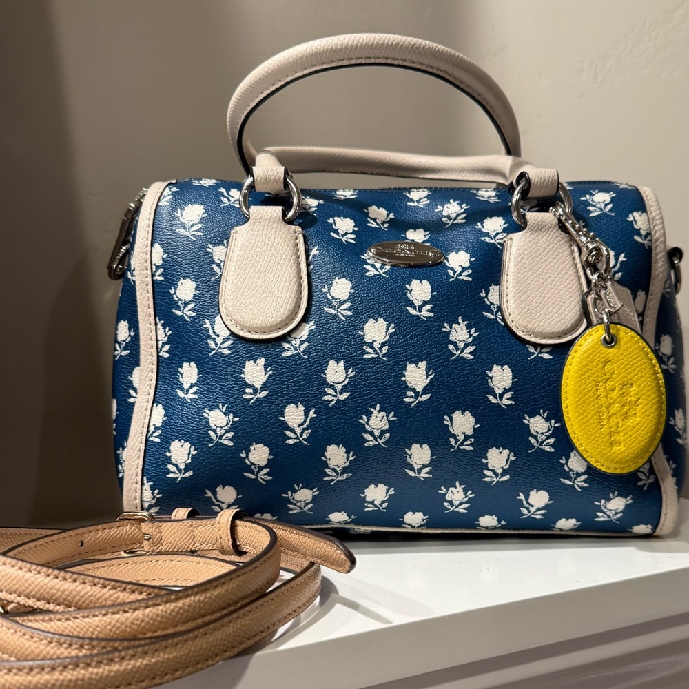 Coach Mini Bennett Blue Floral Handbag Yellow EUC Includes Off-Colored Crossbody